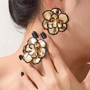 Bohemian gold and black floral earrings; nwot; 1.86" long x 1.86" wide